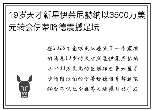 19岁天才新星伊莱尼赫纳以3500万美元转会伊蒂哈德震撼足坛